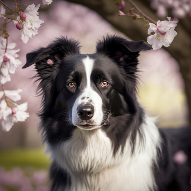 Ravishing border collie with ravishing natural flower in the background