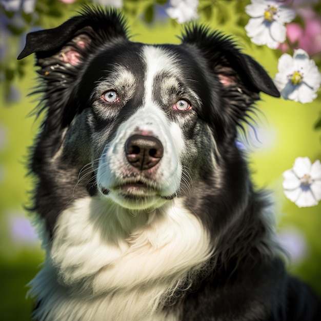 Ravishing border collie with ravishing natural flower in the background