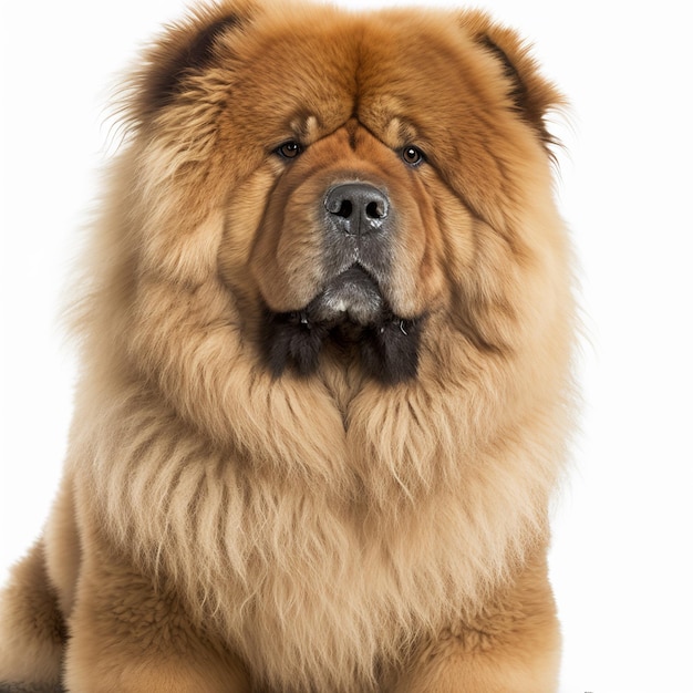 白い背景に茶色のライオンの髪に似た魅力的なチャウチャウ犬の肖像画