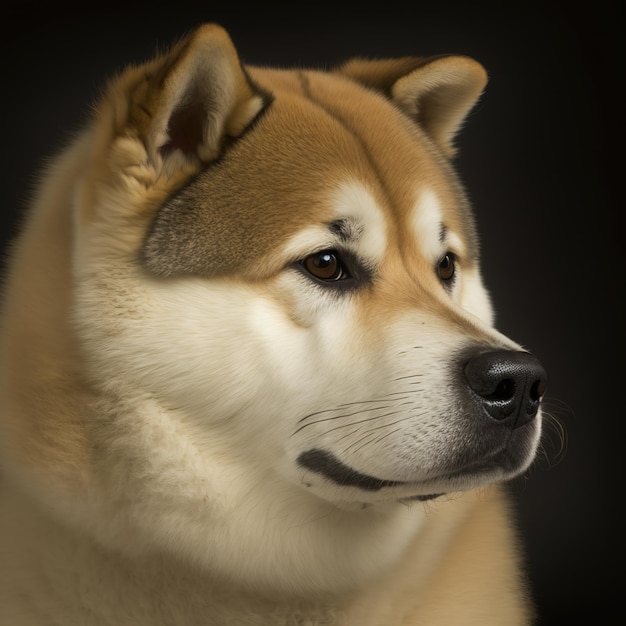 Ravishing digital portrait of happy akita inu dog on black isolated background