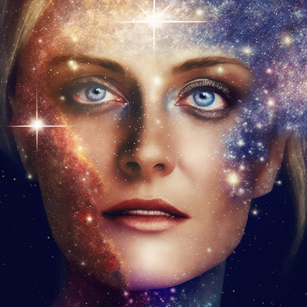 Восхитительное женское портретное лицо сливается с галактикой в двойной экспозиции