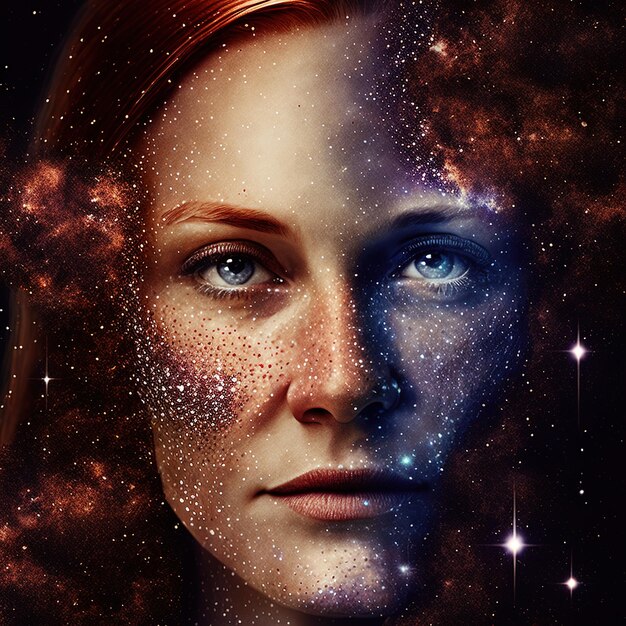 魅惑的な少女の肖像画の顔が二重露光で銀河と融合