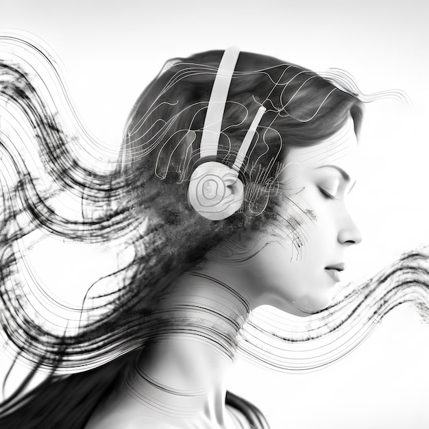 Ravishing girl wearing headphone with musical notes in double exposure