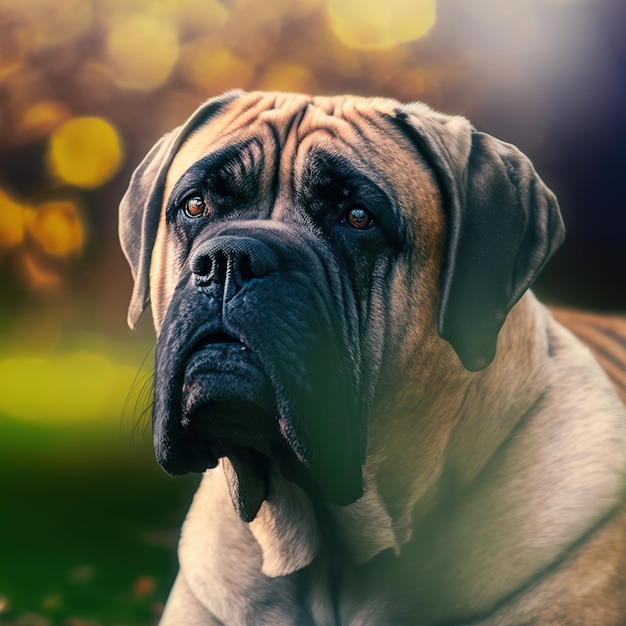 Ravishing hyper realistic digital portrait of English mastiff dog in nature