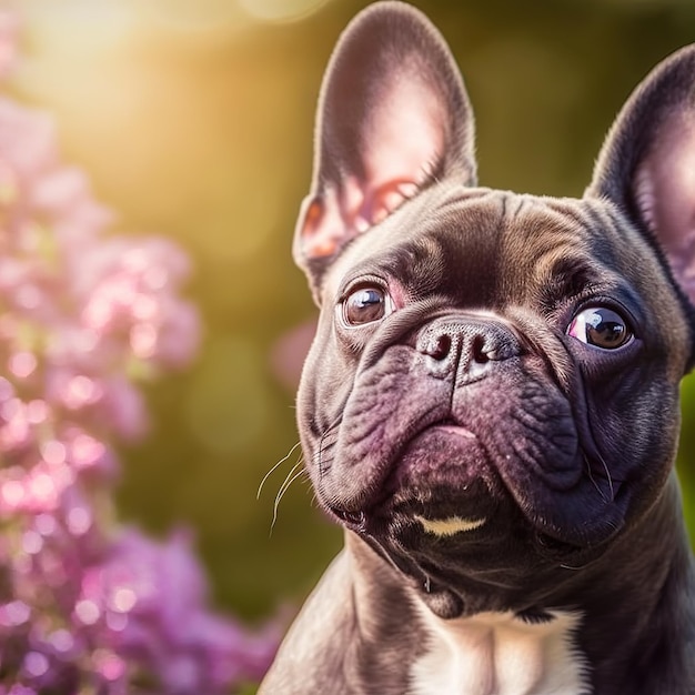 Ravishing hyper realistic digital portrait of happy French bulldog in nature