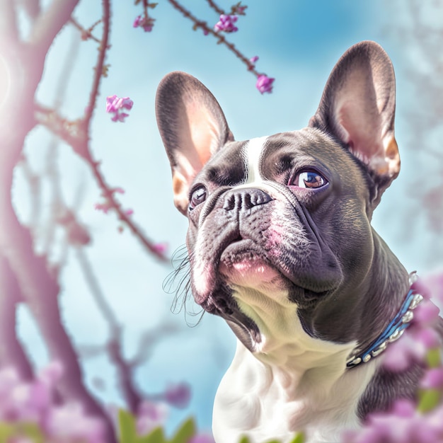 Ravishing hyper realistic digital portrait of happy French bulldog in nature