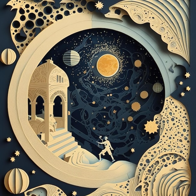 Ravishing paper cut illustration starry night with glowing moonlight