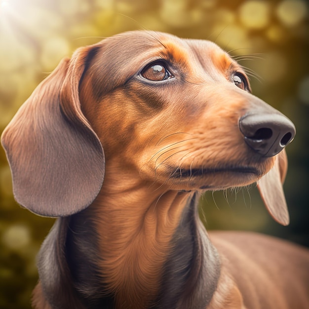 Ravishing portrait of happy dachshund or sausage dog with nature background