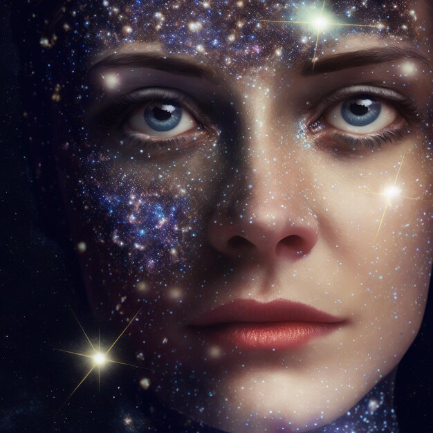 Ravishing psyche or the power of mind portrait concept of woman face texture merge with bright and twinkling stars of universe and galaxy vastness cosmic abstract illustration by Generative AI