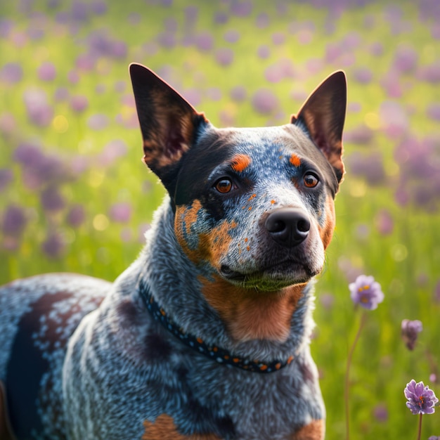 屋外の背景を持つ魅惑的な現実的なオーストラリアの牛の犬の肖像画