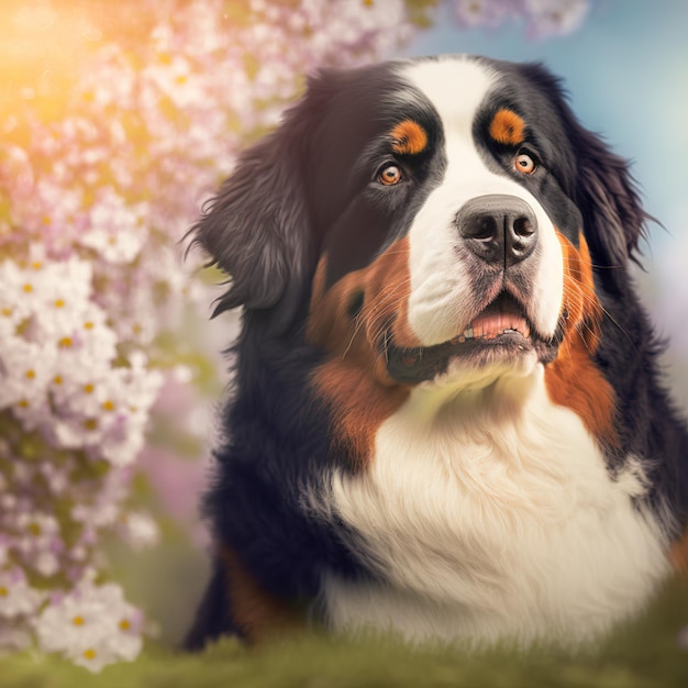 Ravishing realistic portrait of happy bernese mountain dog in natural outdoor