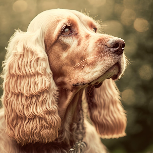 Ravishing realistic portrait of happy English cocker spaniel dog in nature