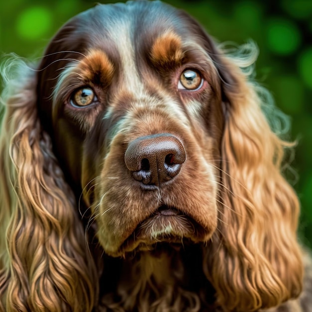 Ravishing realistic portrait of happy English cocker spaniel dog in nature