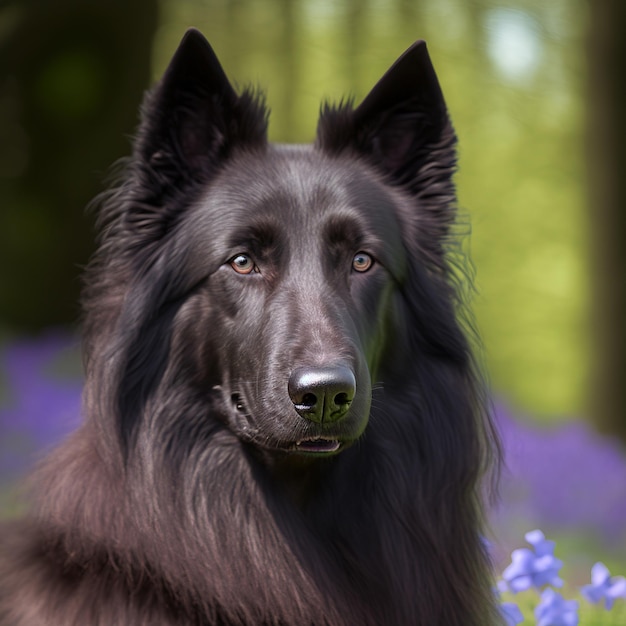 写真 自然の屋外で黒い groenendael 犬の魅惑的な現実的な肖像画