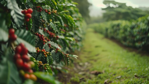 Photo raw arabica coffee beans in coffee plantation