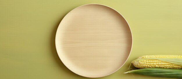 Raw baby corn on a wooden plate against isolated pastel background Copy space