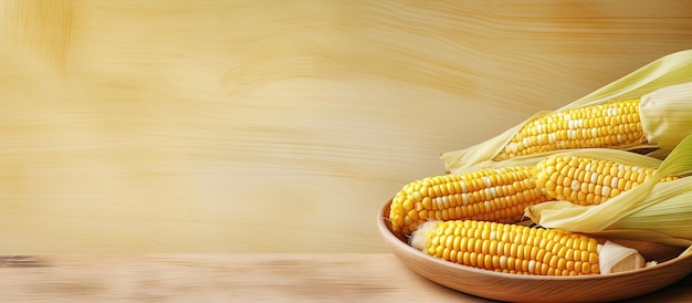 Photo raw baby corn on a wooden plate against isolated pastel background copy space