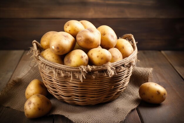 Raw baby potato in a wooden basket
