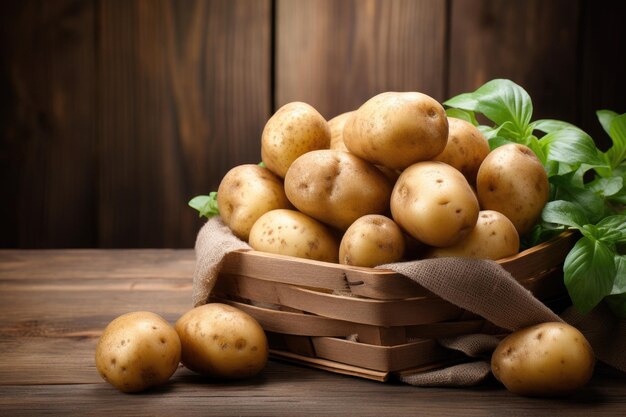 Raw baby potato in a wooden basket