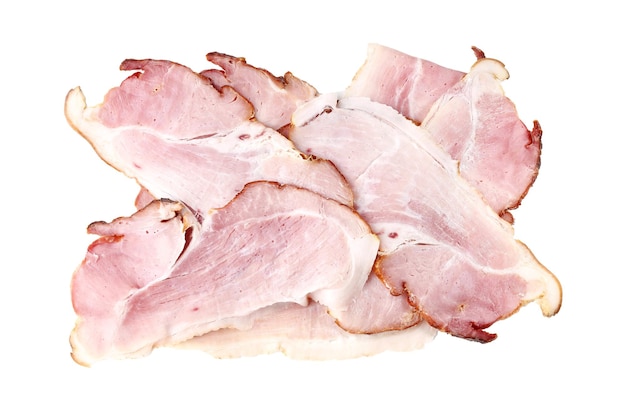 Raw bacon strips isolated on white background. American food