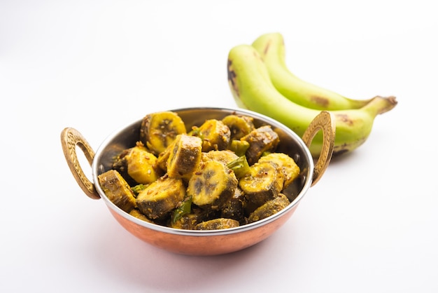 Raw banana sabzi or kacchey kele ki sabji popular in coastal India states like kerla, goa and maharashtra