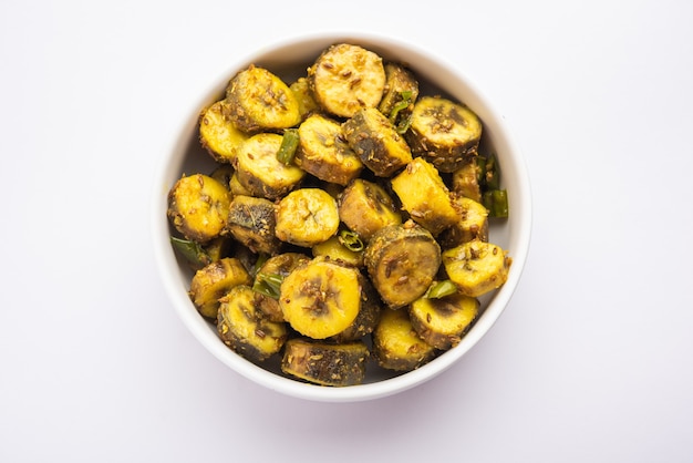 raw banana sabzi or kacchey kele ki sabji popular in coastal india states like kerla, goa and maharashtra