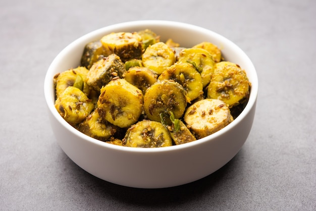 raw banana sabzi or kacchey kele ki sabji popular in coastal india states like kerla, goa and maharashtra