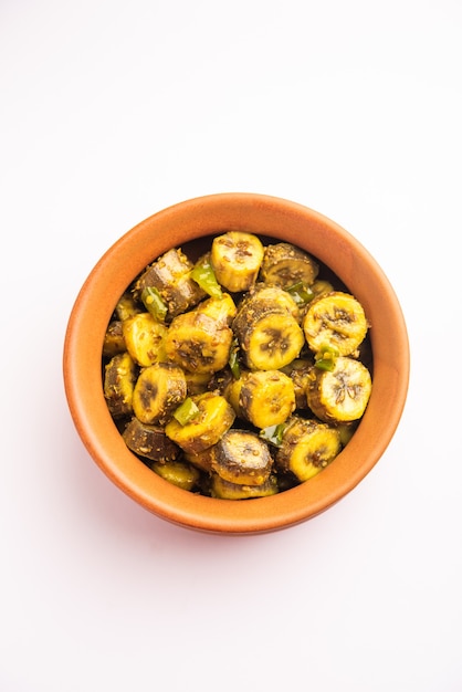 Raw banana sabzi or kacchey kele ki sabji popular in coastal India states like kerla, goa and maharashtra