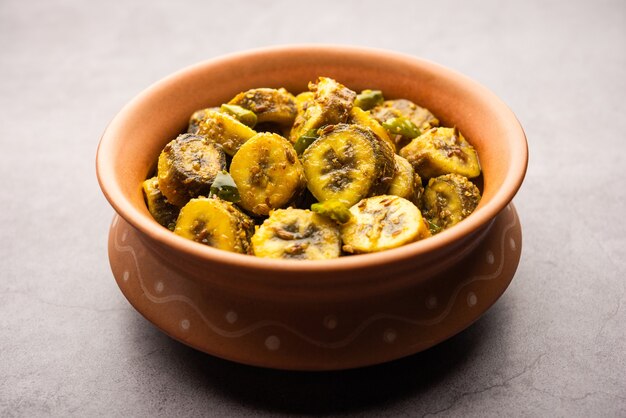 Raw banana sabzi or kacchey kele ki sabji popular in coastal India states like kerla, goa and maharashtra