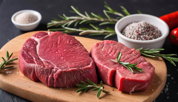 Raw beef meat Raw beef tenderloin steak on a cutting board with rosemary pepper salt