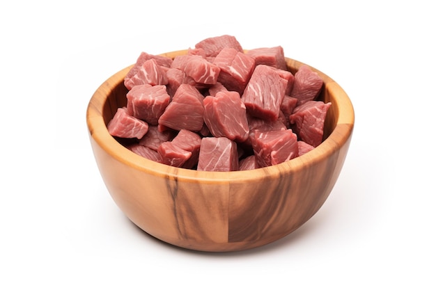 Raw beef meat in a wooden bowl isolated on white background