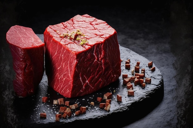 Raw beef pieces on a stone board on a background of black superior photograph