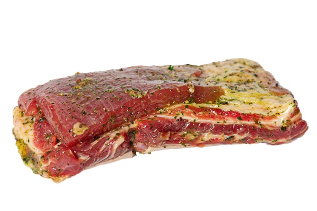 Raw beef ribs marinated isolate. Beef meat marinated.