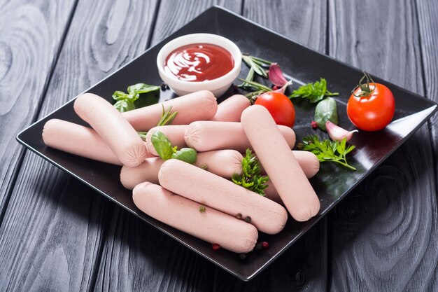 Photo raw beef sausages with pepper herbs and ketchup food background