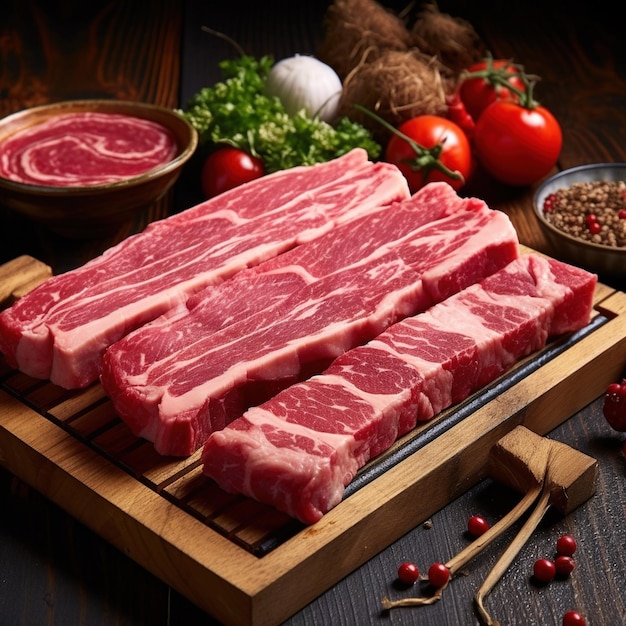 Raw beef short ribs on a wooden cutting board