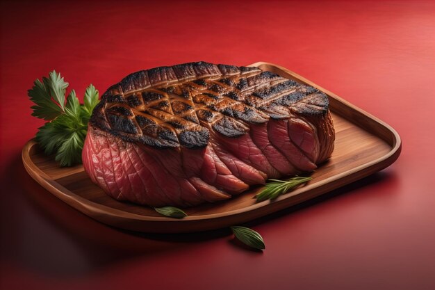 Raw beef sirloin steak with ingredients for cooking on wooden background ai generative