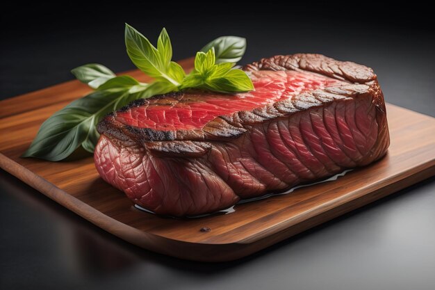 Raw beef sirloin steak with ingredients for cooking on wooden background ai generative
