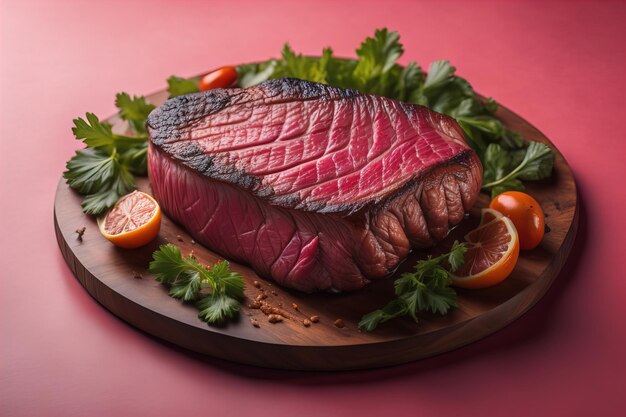 Raw beef sirloin steak with ingredients for cooking on wooden background ai generative