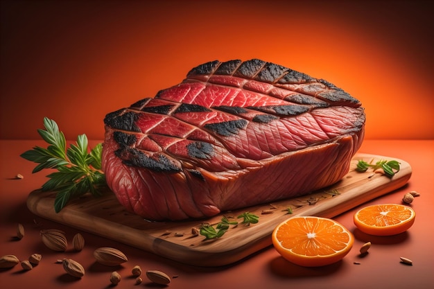 Raw beef sirloin steak with ingredients for cooking on wooden background ai generative