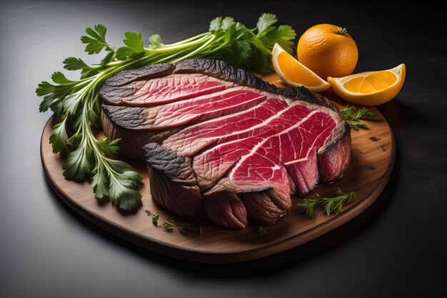 Raw beef sirloin steak with ingredients for cooking on wooden background ai generative