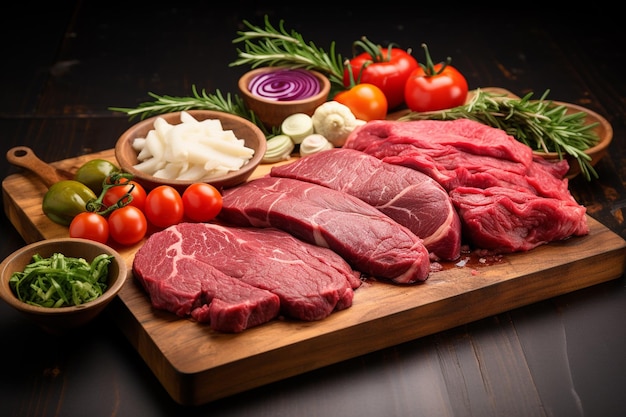  바탕 에 향신료 와 채소 를 넣은 절단판 에 있는 생 고기 스테이크