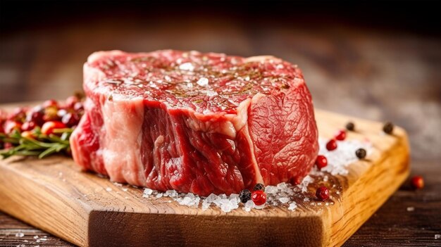 튀기거나 굽는 생고기 스테이크 마블링 고기 향신료 소금 후추 AI 생성
