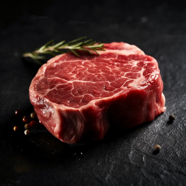 A raw beef steak sits on a black stone surface.