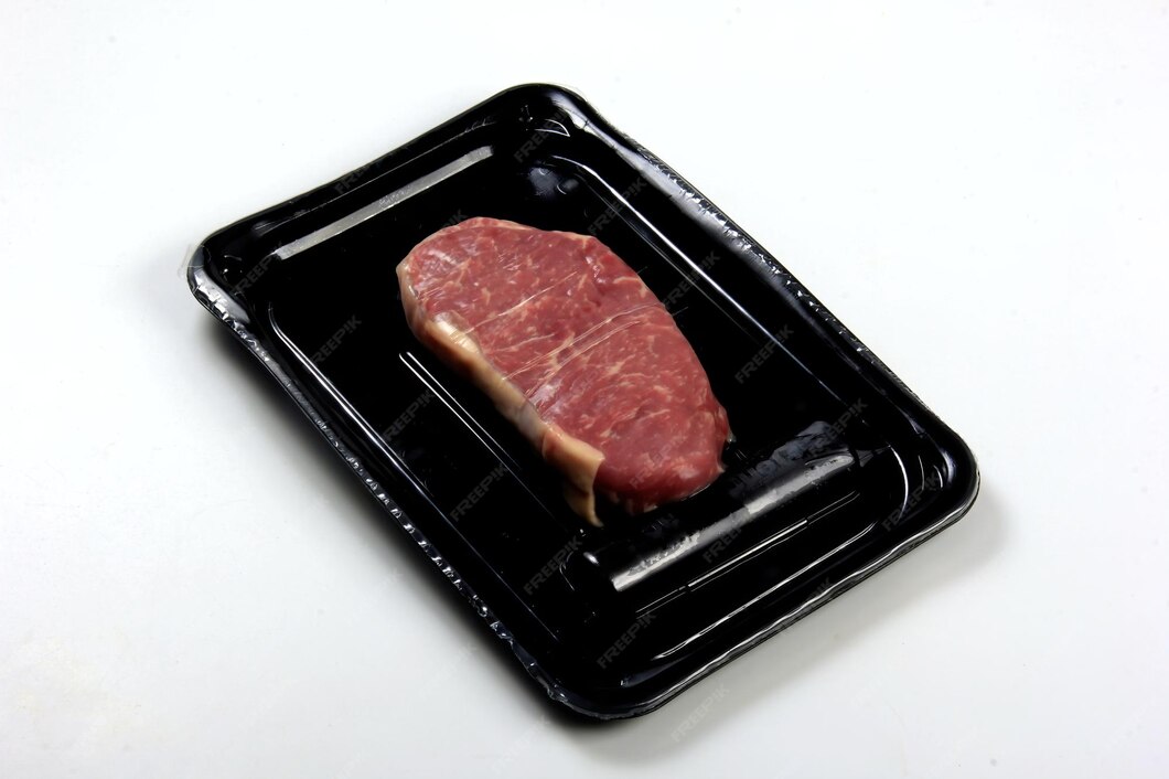 Premium Photo Raw beef steak vacuum set, sirloin steak on black