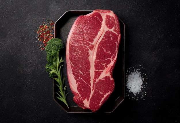 Raw beef steak with herbs and spices on a dark background top view