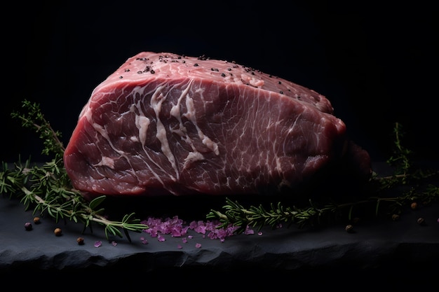 Raw beef steak with rosemary salt and pepper on black background