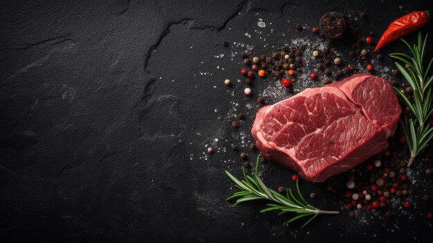 Photo raw beef steak with spices and herbs on black background top view generative ai