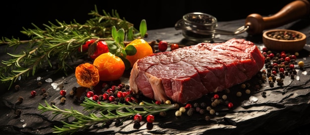 Raw beef steak with spices and herbs on a black stone background