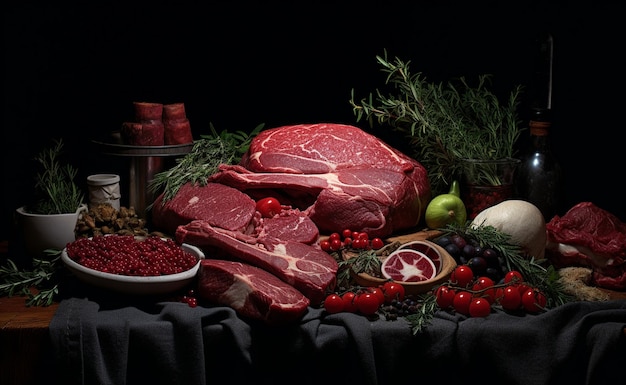 Raw beef steak with spices and vegetable