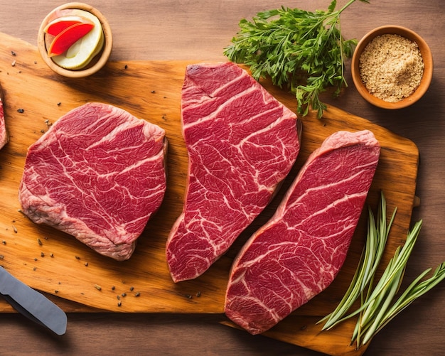 木製の背景に生の牛肉ステーキ